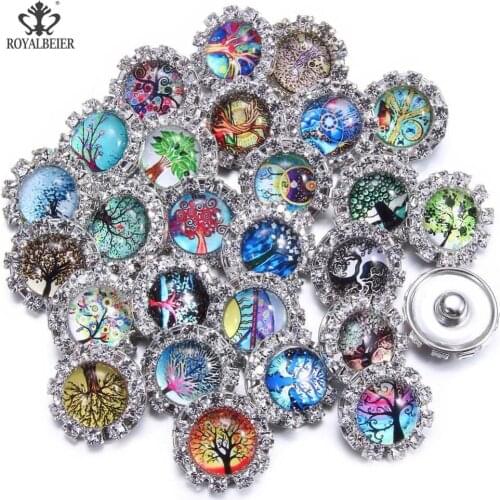 ROYALBEIER 12pcs/lot Glass Circled Rhinestone 18mm Snap Button With Claw Sew On Crystal Stone Strass Metal Base Buckle mg021