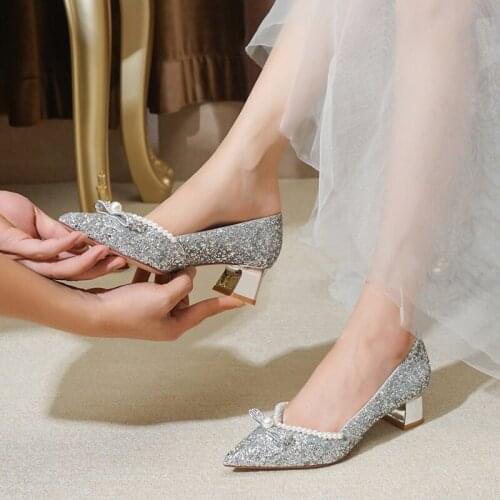 Female Pumps Lovely Bow French Wedding Shoes Summer Womens Thick Heel Wedding Dress Two Wear 2021 New Bride Silver High Heels