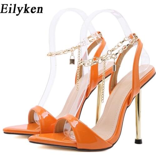 Eilyken Summer New Chain Ankle Strap Sandals Women Sexy Open Toe Thin High Heels Sandals Buckle Strap Wedding Female Shoes