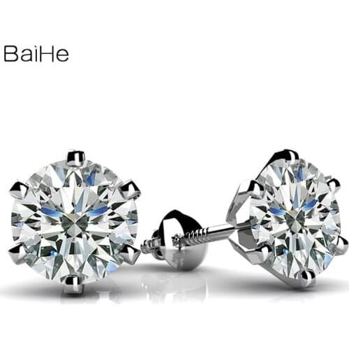 BAIHE Sterling Silver 925 Plated Yellow/Rose/White Gold 2ct Round Cut Wedding Fine Jewelry Round Stud Earrings for Women