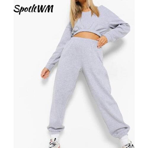 SpotLtWM Women Casual Solid Suits Long Sleeve Cropped Sweatshirts And Elastic Pant Two Piece Set Fashion Female Loose Tracksuits