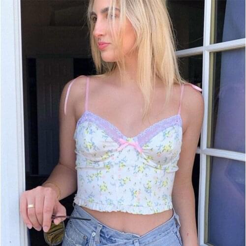 Women Summer Y2K Frill Lace Floral Print Crop Top V-neck Sleeveless Backless Camis Top Ladies Casual Mini Vest Swimwear