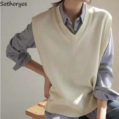 Women Sweater Vests Solid V-neck Knitted All-match Simple Side-slit Ulzzang Temperament Tender Elegant Fashion Loose Leisure New