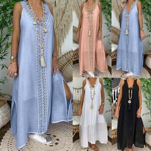 Summer New Hot Selling Sexy Sleeveless Lace V-neck Dress Women Plus Size 4xl 5xl Solid Large Black White Boho Long Maxi Dress