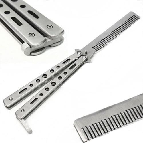 Black/Silver Foldable Hair Comb Stainless Steel Knife Butterfly Comb Cool Salon Comb Outdoor Knife Steel Trainer Cam