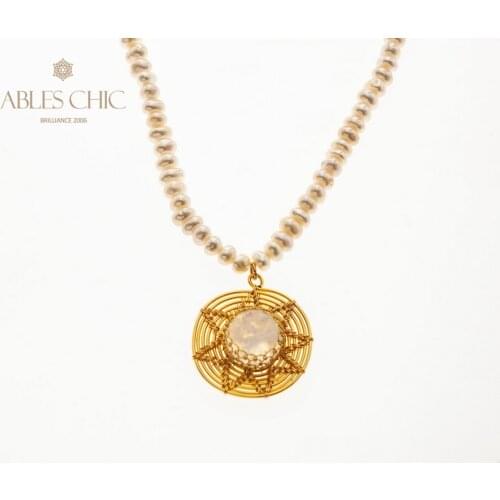 14K Gold Tone Braided Lace Moonstone Star Pendant Necklace Mesh Baroque Pearl Chain Natural Gemstone Wire Wrapped Necklaces
