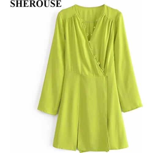 2021 Women Fashion Buttoned Side Slit Solid Mini Dress Long Sleeve V-Neck Vintage Female Dresses Femme Robe