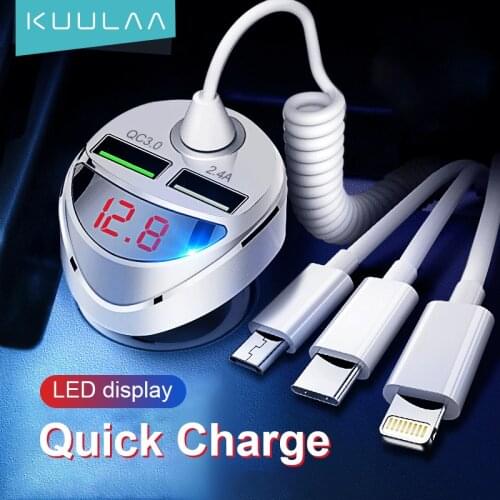KUULAA Car Charger with Retractable 3 in 1 USB Cable Quick Charge 3.0 USB Charge for iPhone 12 Pro Max USB Type C for Samsung