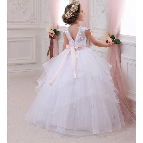 White Puffy Flower Girl Dress for Wedding Lace Tulle Ribbon Girls Children First Communion Dress Party Gown