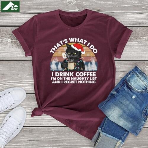 100% Cotton Black Cat T Shirt Women Clothing Thats What I Do I Drink Coffee Graphic Womens Shirt Girls Unisex Christmas Tee Top