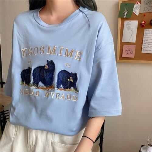 Super Chic YOSEMITE Bear Embroidery T Shirts Sky Blue Teens Girls O-neck Short Sleeve Oversized T-shirt Summer Korean Fashion