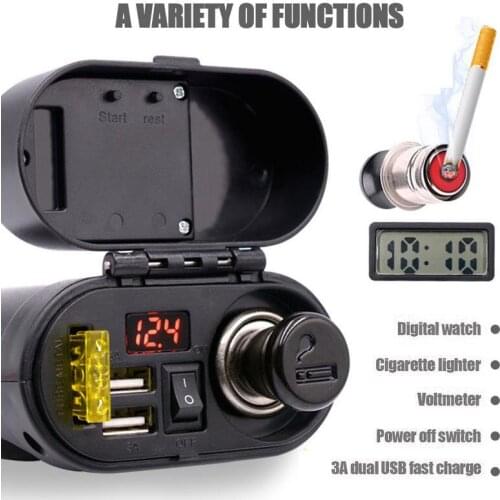 Multi-function Motorcycle USB Mobile Phone Charger With Waterproof Dustproof Cover Voltage Timetable Display Fused Power Cord