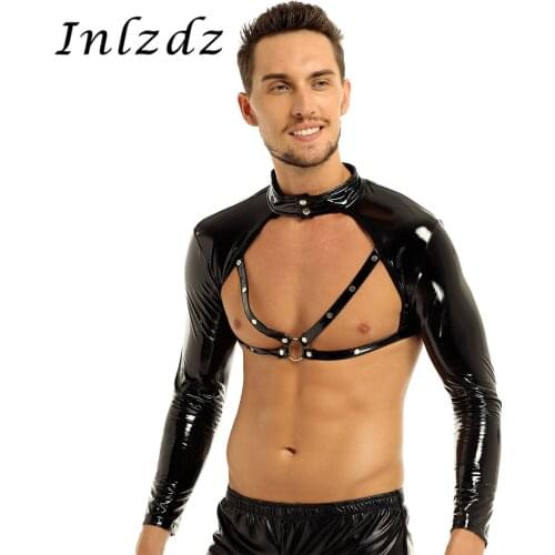 Mens Lingerie Latex Top Wetlook Leather Tank Top Long Sleeve Stand Collar Studded Muscle Half Tank Top Stage Sexy Costume Tops