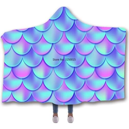 Animal Mermaid Fish scale Print Soft Back To School Blanket Warm Wool Velvet Hoodie Blanket Home Camping Cloth Hooded Blanket