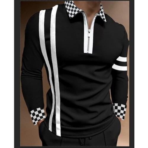 2021 New Autumn Streetwear Mens Fashion Stripe Long Sleeve Polo Shirts Casual Turn-down Collar Zipper Tops Men Slim Polo Shirts