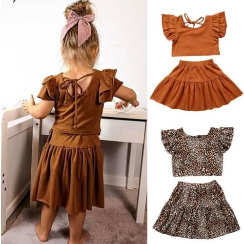 Little Girl Ruffle Sleeve Solid T-Shirt Crop Tops and Skirt Set Leopard Print Crop Tops and Skirt Outfits
