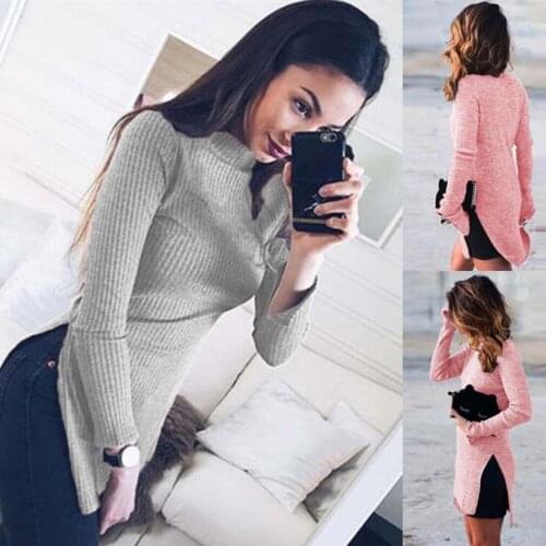 Autumn Women Casual Turtleneck Sweater Fashion Design Elegant Women Tops Split Pullovers Sweater Solid Color