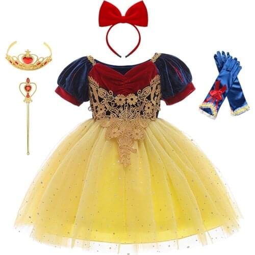 Girls Snow White Princess Dress Puff Sleeve Deluxe Prom Party Gown Kids Baby Birthday Halloween Fancy Dresses Girls Infant Dress