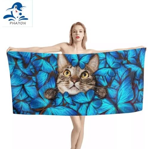 PHAYON Bedding Outlet Bath Towel Bathroom Microfiber Cartoon Cat Beach Towel Animal Kids Teen Shower Towel Summer Blanket