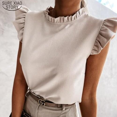 Casual O Neck Female Shirts New Cotton Summer Sleeveless Women Blouse Tops Fashion Ruffles Women Clothing Blusas Mujer 14576
