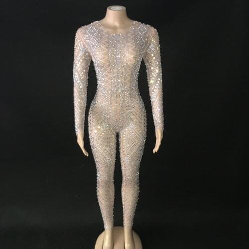 Mesh See Through Sparkly Bodysuit Rhinestone Long Sleeve Jumpsuit Evening Birthday Celebrate Costume Perspective Outfit YOUDU