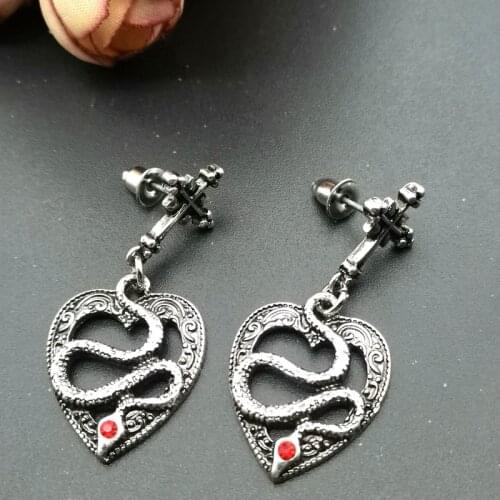 Style Dark Punk Gothic Vintage Ancient Silver Color Cross Hollow Heart-Shaped Snake Ear Stud Dangle Earrings