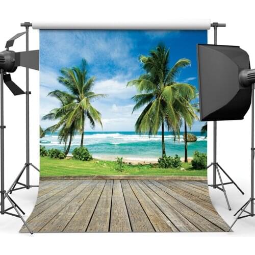 Blue Sky Sea Palm Clouds Wooden Floor Photographic Background Vinyl Cloth Photo Backdrops for Portrait Photo Booth Picture