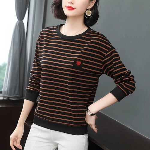 2021 New Autumn Spring O Neck Polyester Long Sleeve Woman T-shirts Fashion Korean Style Striped Oversized t shirt