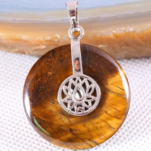 Silver Color Women Necklace Pendant Natural Gem Stone 30MM Round Bead Gold Tigers Eye Lotus Flower 1Pcs K742