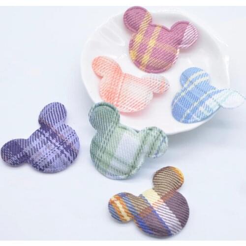 50Pcs 40*32mm Padded Reticulated Plaid Cloth Mouse Head Appliques for DIY Hat Clothes Sewing Patches Headwear Hair Clips Decor