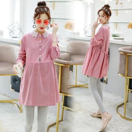 6024# Maternity Clothes Spring Autumn Cotton Striped Long Sleeve Loose Stylish Dress for Pregnant Women Mom Dress