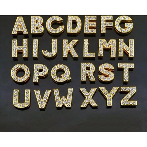 8mm Gold Crystal Alphabet Letters Slide Charms Flat Hole Metal Beads Keeper Fit 8mm Stainless Steel Mesh Bracelets DIY Jewelry