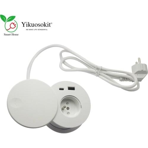 Round Mini French Plug Power Socket With Slide Cover USB-A Type-C Charging Tabletop Grommet 16A Tabletop Socket CE Rohs