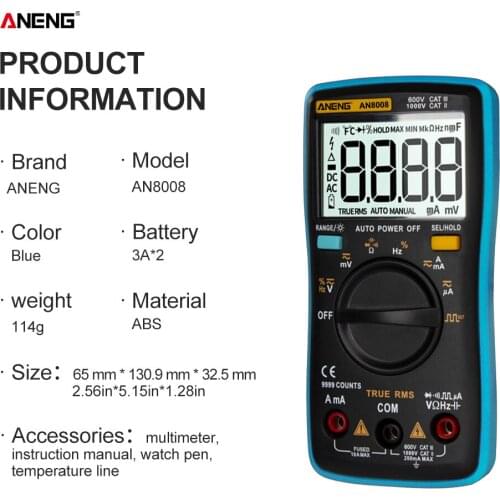 ANENG AN8008 Digital Multimeter 9999 counts True-RMS Square Wave Backlight AC DC Voltage Ammeter Current Ohm Auto/Manual