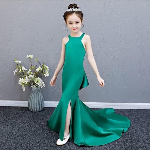 Elegant Evening Dresses for Teen Girls Catwalk Fashion Show Costume Children Party Long Mermaid Green Dress Formal Prom Clothes