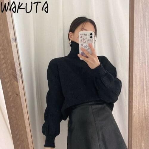 WAKUTA Elegant High Neck Cropped Sweater Women Stylish Lantern Sleeve Design Solid Color Pullovers Female New Fall Chic Hot Tops