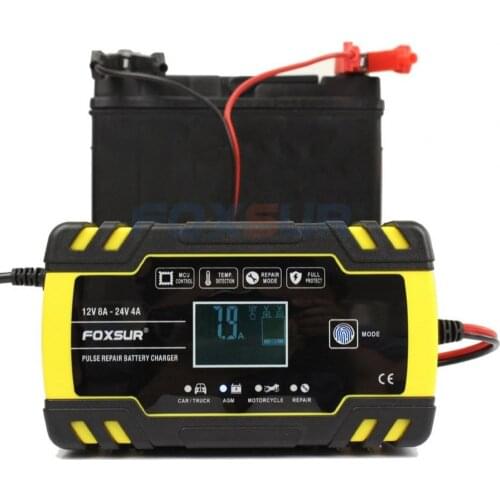 FOXSUR12V 24V 8A Pulse Repair Charger Motorcycle & Car Battery Charger, AGM Deep cycle GEL Lead-Acid Charger with LCD Display