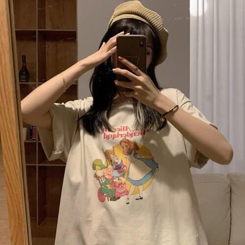 Retro Cartoon Print Ins Tshirt Womens T-shirts Tops Japanese Kawaii Ladies Ulzzang Female Korean Harajuku Clothes For Women