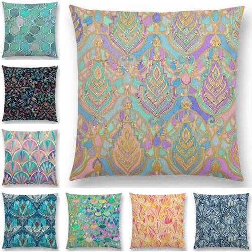 Hot Sale Art Deco Fresco Mediterranean Pattern Lotus Watercolor Patchwork Gorgeous Frosting Cushion Cover Sofa Throw Pillow Case