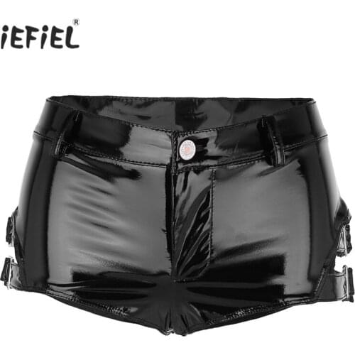 IEFiEL Women Sexy Lingerie Wet Look Patent Leather Shorts Party Dance Erotic Pants Clubwear Low Rise Mini Shorts Hot Pants