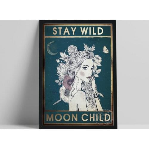Stay Wild Moon Child Painting, Unique Girl Flower Leaf Art Prints, Spiritual Wall Art Decor, Vintage Art Bedroom Wall Picture