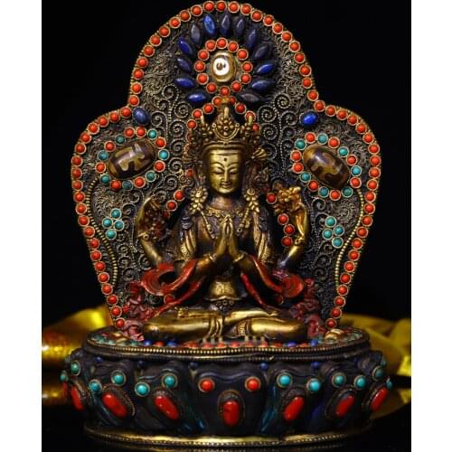 Tibet Temple Collection Old Tibetan silver Filigree mosaic Gem Dzi Bead Four-armed Guanyin Bodhisattva Back light Sitting Buddha