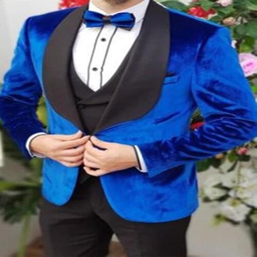 Royal Blue Wedding Suits For Men Slim Fit Shawl Lapel Velvet Casual V Neck Vest Costume Formal Terno Masculino Clothing