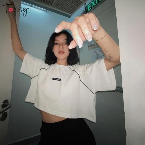 Tossy Short T-shirt With Striped Mini Y2K Harajuku White Korean Fashion Streetwear Loose Crop Tops Short Sleeve O-Neck Tees