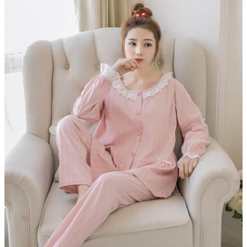 Sweet Maternity Nursing Nightwear Pink Cotton Breastfeeding Sleepwear For Pregnant Women Autumn Pregnancy Pajamas Night Wear Set