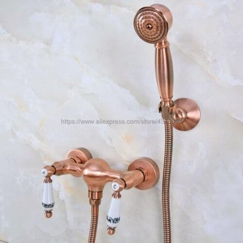 Bathroom Antique Red Copper Rainfall Hand Shower Faucet Set Mixer Tap With Hand Sprayer Wall Mounted Nna300