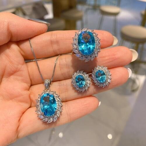 QTT 2021 New Arrival 925 Sterling Silver Oval Pendant Necklace Earrings Ring Sets Wedding Womens Jewelry Set