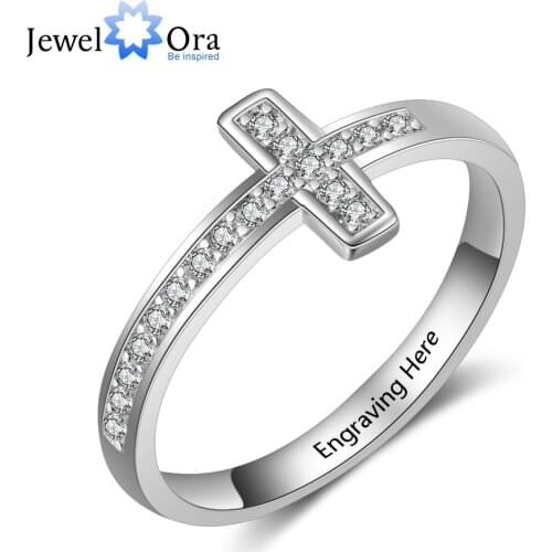 Personalized Cubic Zirconia Cross Rings for Women Customized Inner Engraved Name Ring Jewelry Gift for Girls (JewelOra RI103801)