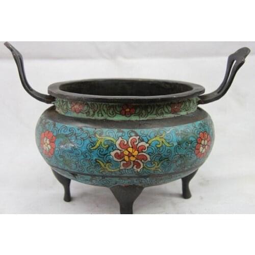 Song voge gem S1383 China Bronze Copper Cloisonne Flower 2 Ear 3 Feet Ding Incense Burner Censer