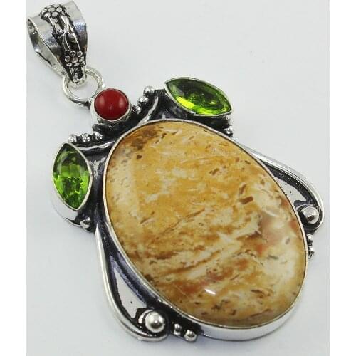 Jaspers & Peridot Pendant Silver Overlay over Copper , 59 mm, P1151